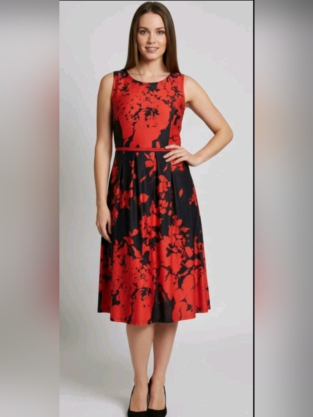 Reborn Dress XL Red Black Floral Sleeveless Fit & Flare Knee Length Pockets NWT
